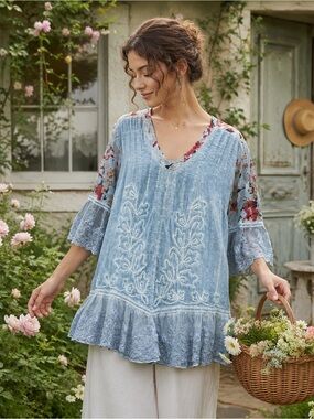 Gretty Zueger Marleen Tunic L Boho Embroidered Lace Blue Floral Ruffle Peasant